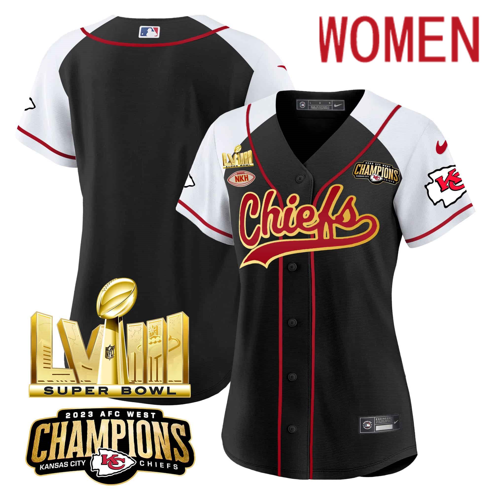 Women Kansas City Chiefs Blank Black 2024 Nike Super Bowl LVIII Back-2-Back Gold Patch Baseball NFL Jersey style 1